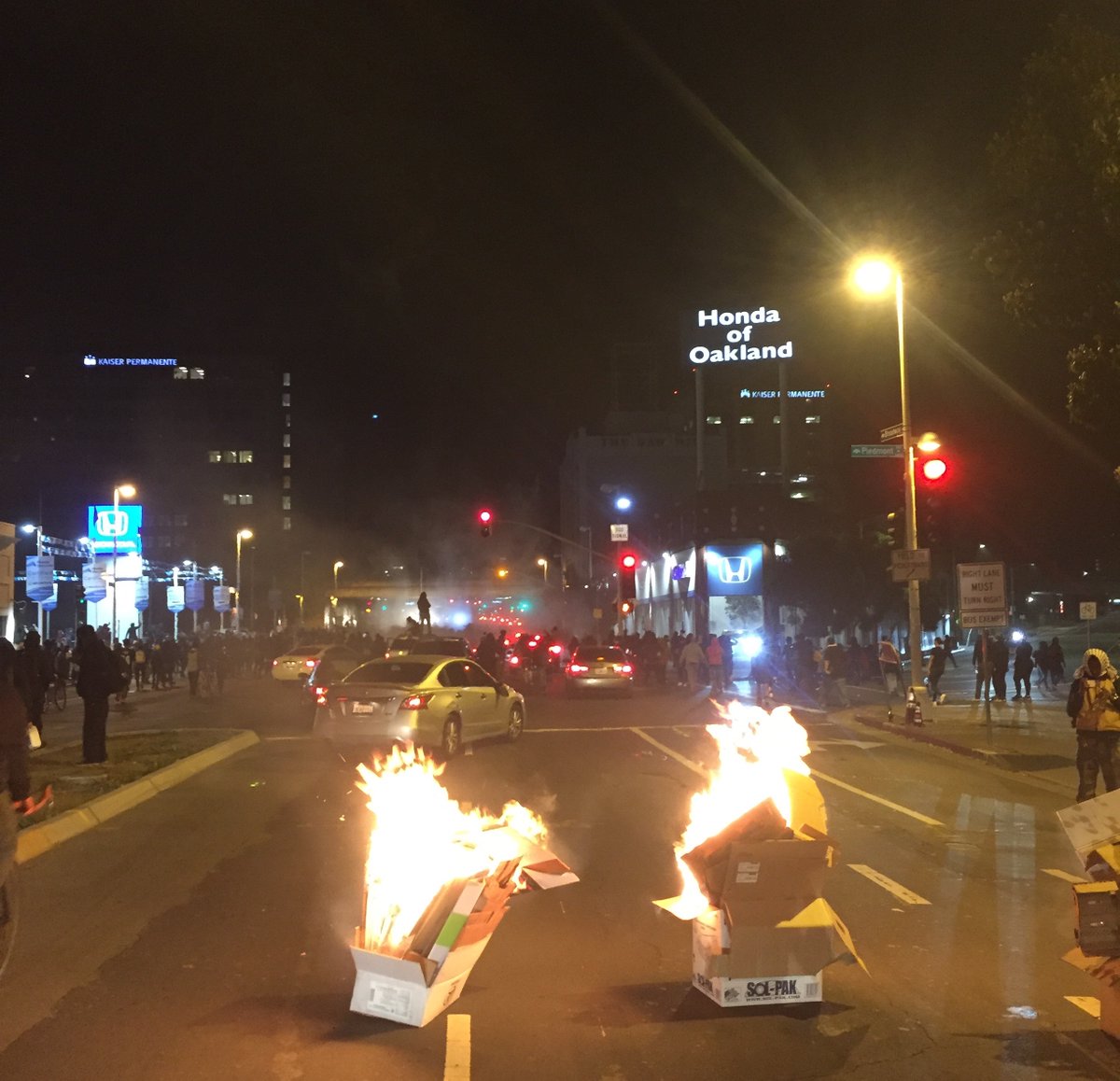 Around 11pm, people started building a flaming barricade just south of the Honda dealer on Broadway.