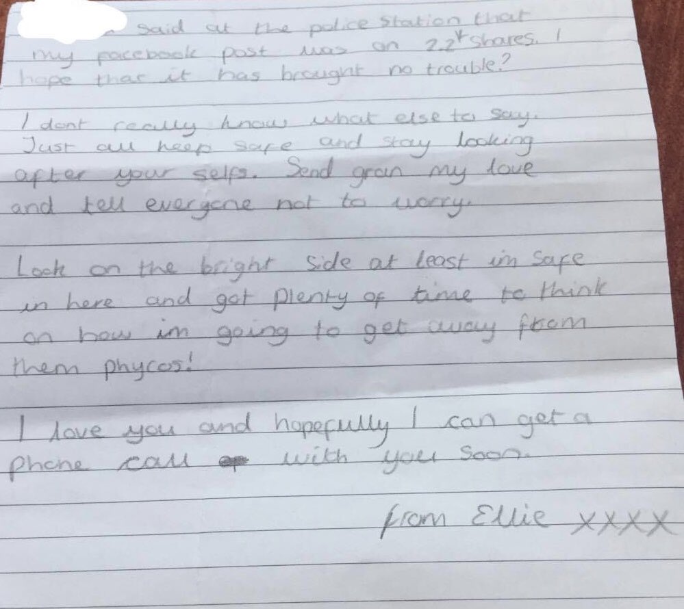 The first letter received today by #justiceforellie family from the prison where she is remanded. Our country is failing in so many ways, and it’s often those with vulnerabilities of many different kinds that suffer most....