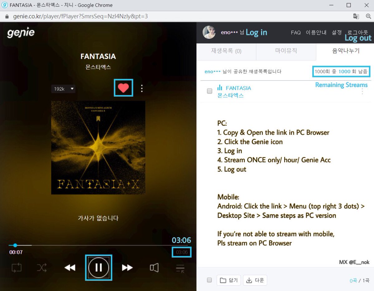 E__nok's tweet photo. ❌[New Link] #Genie Free Streaming

#Monsta_X #FANTASIA🎧
L3: https://t.co/jx2lVZ0q7u [1000 Stream]

- Open the link in PC Browser
- MUST LOG IN
- Stream ONCE only/ hr/ acc

Android📱
Click Link> Menu> Desktop Site

Thanks for your hard work💕
#몬스타엑스 #몬스타엑스_판타지아 https://t.co/AWy53McmRT