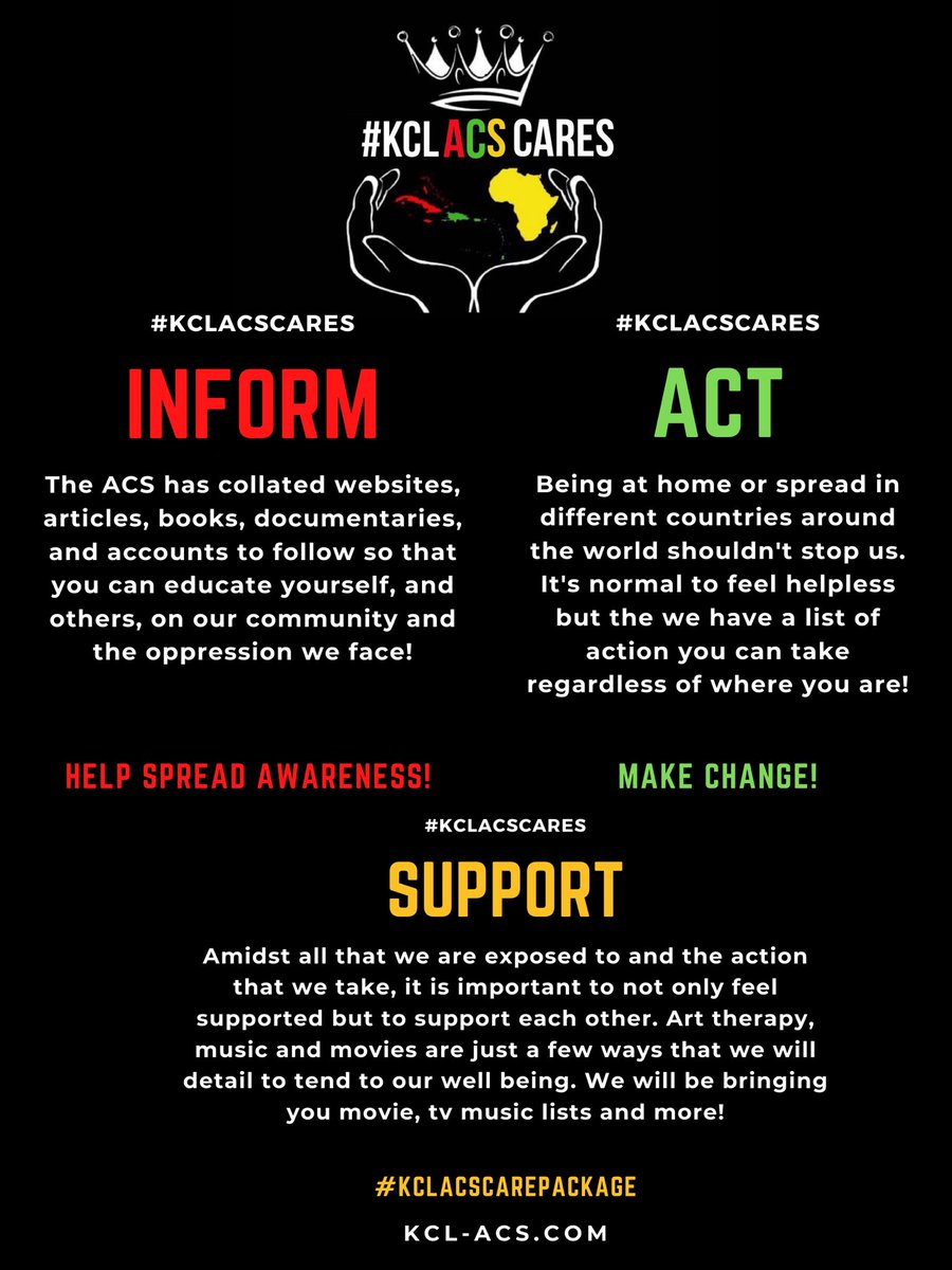 #KCLACSCARES is an initiative our committee has created to inform, act and support not only our members but our wider community. We urge you to explore the campaign and educate not only yourself but others, this is just our contribution to the #blacklivesmatter movement...