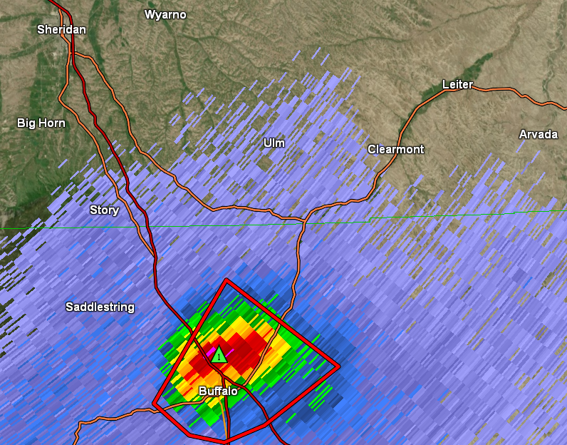 NWSBillings's tweet photo. [5/30 745pm] Heads up for southern #Sheridan county. Isolated stronger storm moving north out of Johnson county toward the #Story, #Ulm and #Clearmont areas. If it holds together this storm could produce localized hail, strong winds and heavy rainfall. #WYwx #I90 https://t.co/bRVKXR7Scf