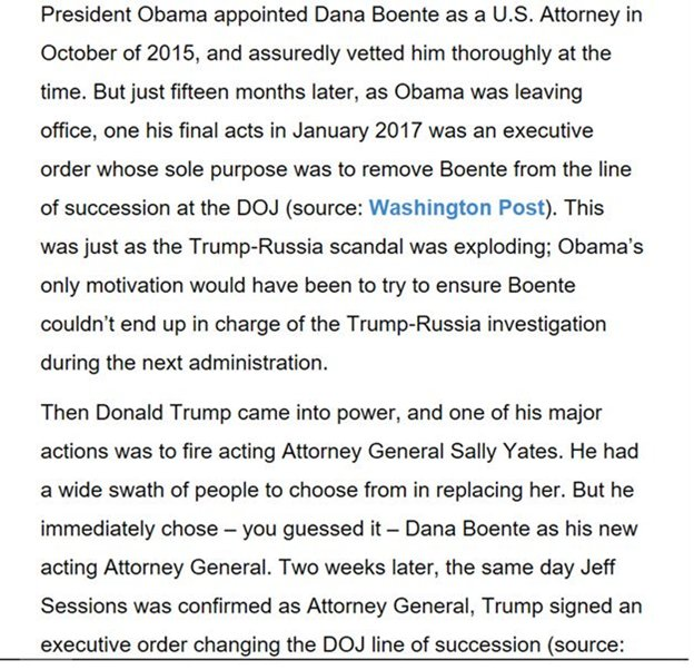 That's right, in the midst of CYA emails, dossiers, & such, Obama blocked Boente's promotion at DOJ to make sure he didnt run the Russia investigation. So to accept that Boente was a coup plotter, then you are saying that Obama was trying to stop the coup. https://www.palmerreport.com/opinion/dana-boente-is-the-key-to-trump-russia-and-barack-obama-and-donald-trump-both-know-it/1888/