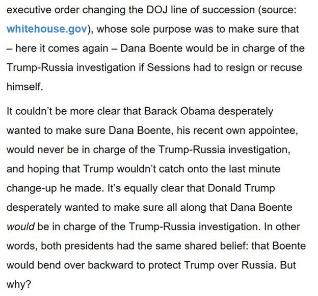 That's right, in the midst of CYA emails, dossiers, & such, Obama blocked Boente's promotion at DOJ to make sure he didnt run the Russia investigation. So to accept that Boente was a coup plotter, then you are saying that Obama was trying to stop the coup. https://www.palmerreport.com/opinion/dana-boente-is-the-key-to-trump-russia-and-barack-obama-and-donald-trump-both-know-it/1888/