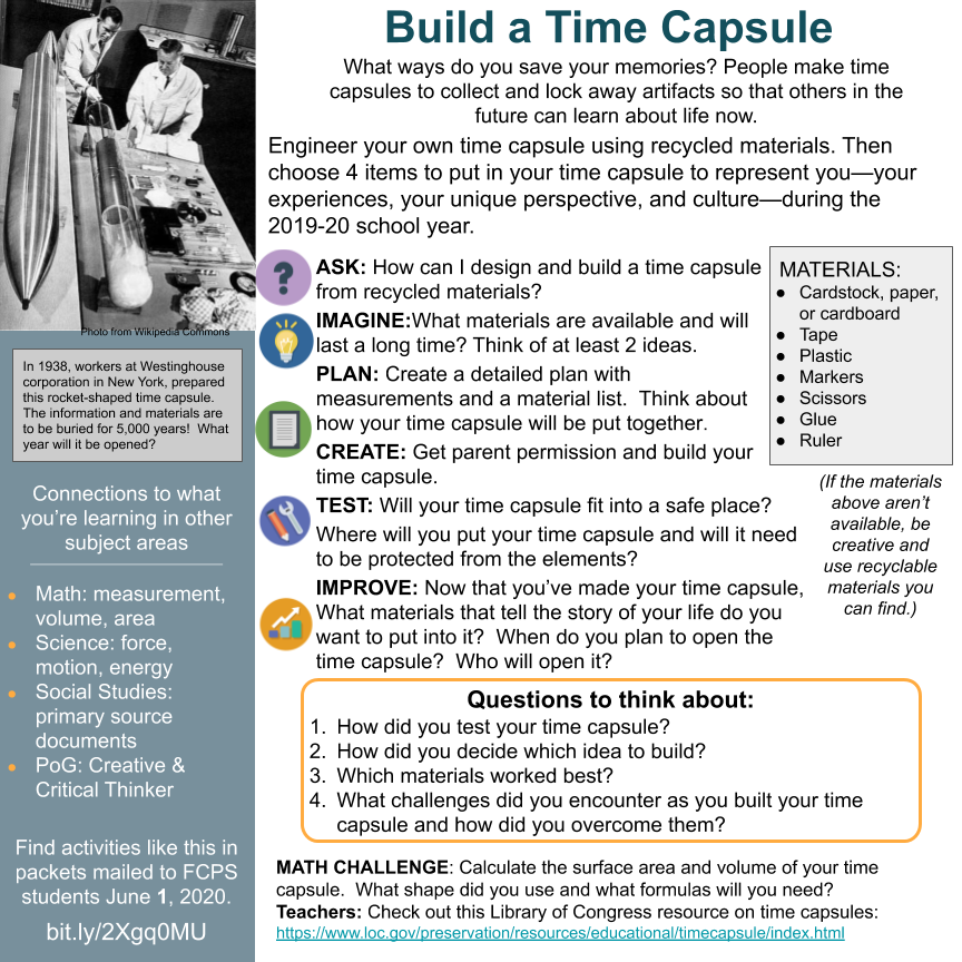 FCPSSTEAM's tweet photo. Your ideas are a valuable primary source of information that you can preserve for the future with a time capsule. Use #FCPSSTEAM to engineer a time capsule from recyclables.#fcpsPOG @FCPS_CTE @prc_fcps @FCPS_LIS @FCPSsocial See pictures of items to include in your time capsule. https://t.co/QlmeXDCTYu