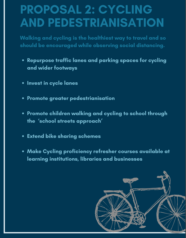 UK  #Act4CleanAir  #Covid19 report Proposal 2 was on Cycling & pedestrianisation: Repurpose traffic lanes & parking spaces for cycling & wider footways Invest in cycle lanes Promote greater pedestrianisationWhere is the similar commitment from  #springst  @JaalaPulford?