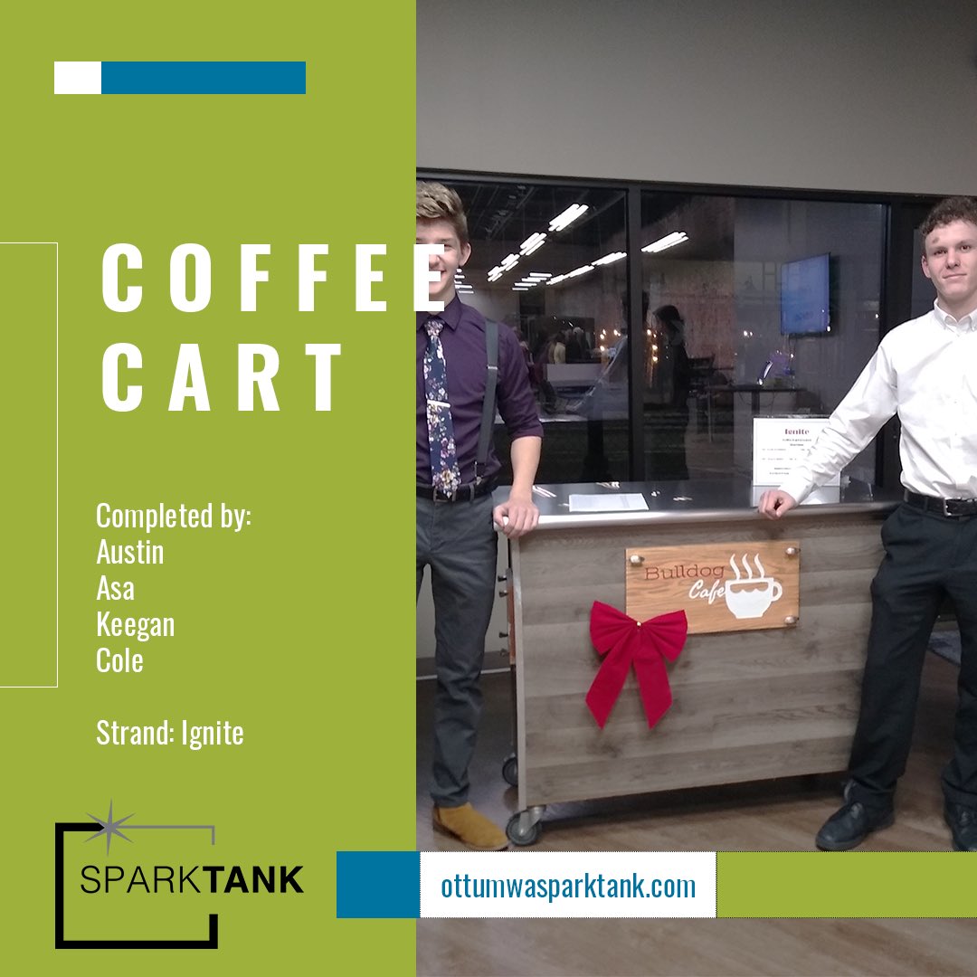 The group accepted Ms. Walker’s project to design and manufacture a coffee cart that the FCS dept could use for selling coffee and pastries.  The students conducted many interviews, shared progress with Ms. Walker, and it was finished before the deadline. #sparktankspotlight
