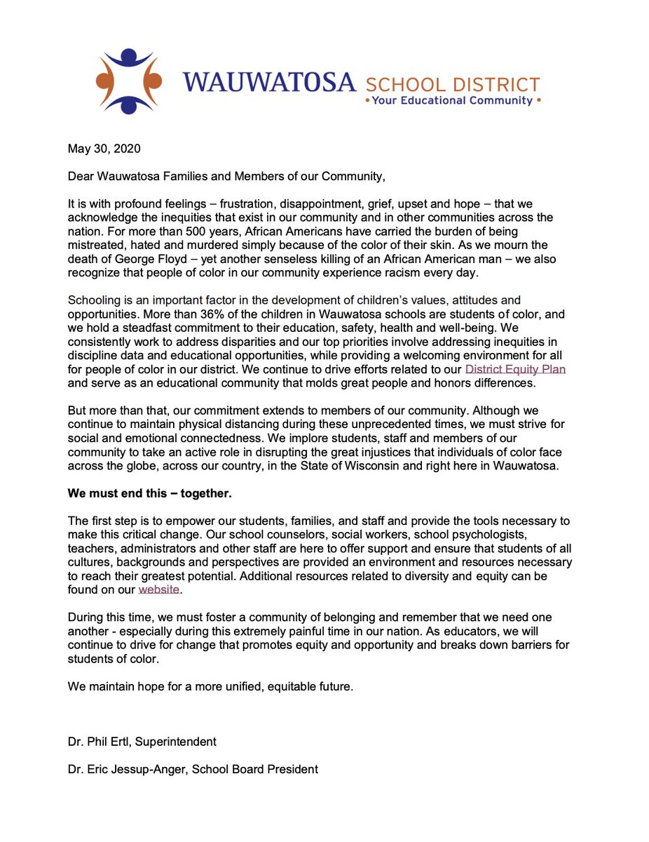 A letter from Wauwatosa School District leadership addressing inequities and education. bit.ly/2XkuCkR