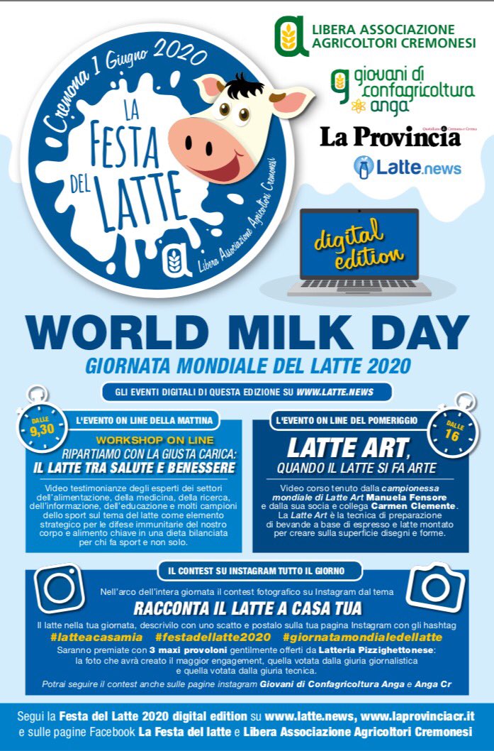Confagri_ANGA's tweet photo. https://t.co/wdXXjzHwMa 1 Giugno #staytuned scopri al pomeriggio come creare disegni sulle superfici delle bevande e partecipa al concorso #latteacasamia. #festadellatte2020 #giornatamondialedellatte #festadellattedigitaledition #latte https://t.co/qjUuXhZYOw