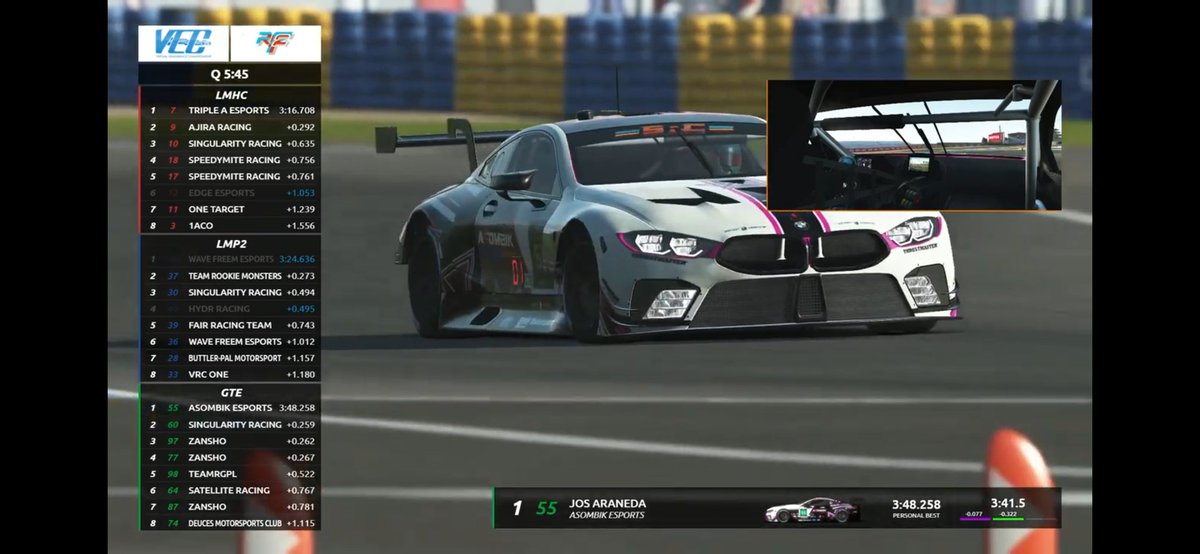 Termina la Qualy para las 24h de Lemans en <a href="/rf2VEC/">rF2 VEC</a> de <a href="/rFactor2/">rFactor 2</a>!

Gran resultado de nuestros chicos de DIV-1 al volante <a href="/koke_racing/">Jorge 'Jos' Araneda</a> logrando clasificar en cuarta posición! 👏

DIV-2 <a href="/JuanCafg89/">Juan Carlos Fernández</a> clasificando P3 

DIV-3 <a href="/Dossantss/">Andrés Asiáin</a> se coloca en P7 en parrilla. 

Gran trabajo! 💪