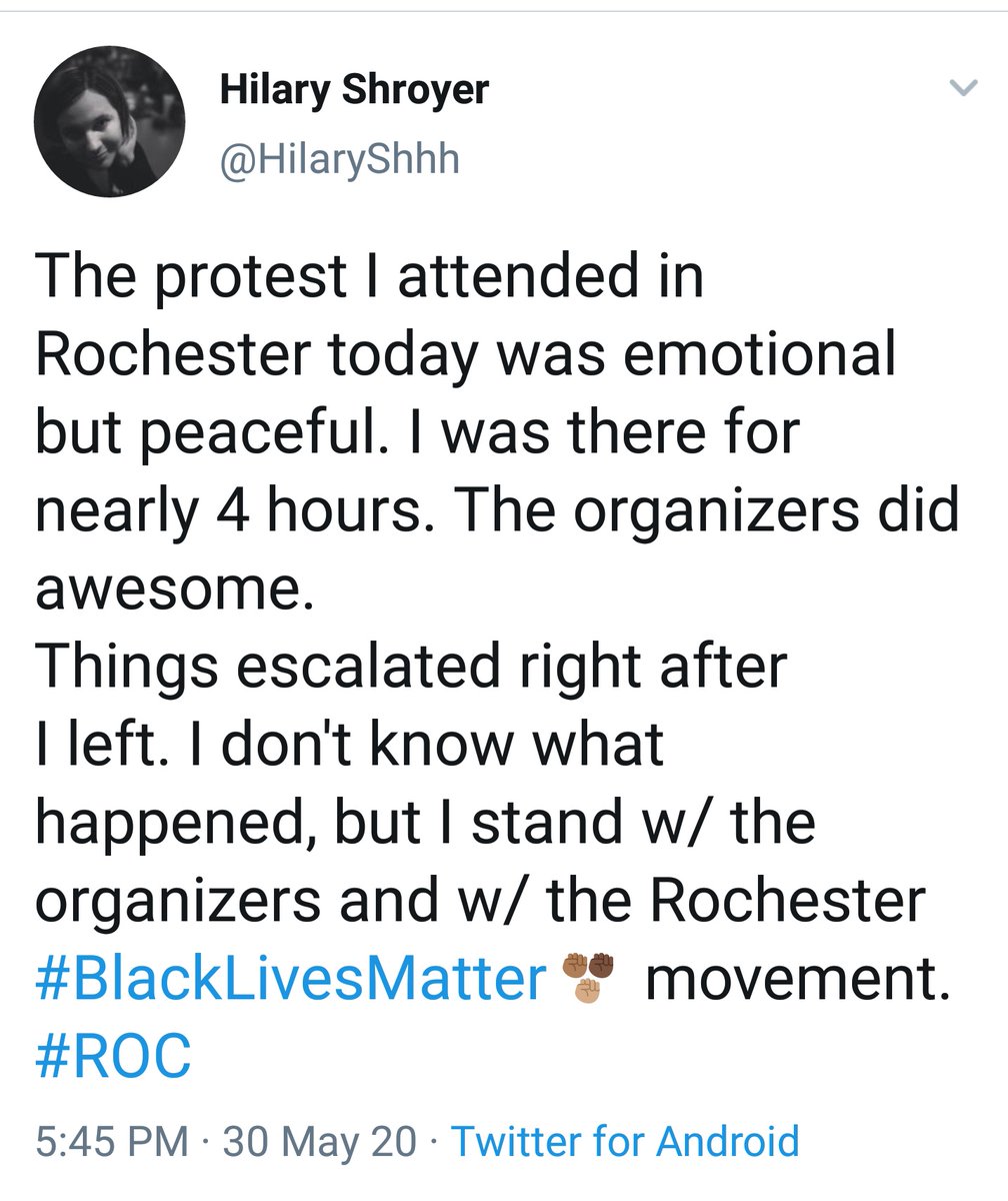 The same thing just happened in Rochester today. There was a peaceful protest led by Black organizers, the Black organizers saw white people acting out and asked them to stop, but they refused, and now that the protest is over they're rioting.