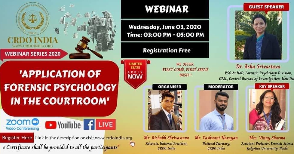 ForensicTimes's tweet image. #TheForensicTimes #ForensicIndia #ForensicEvent #ForensicWebinar
· Date: 03rd June 2020
· Time: 3:00 PM – 5:00 PM

· Registration Procedure: 
· Fee Details:Free

 register  on or before June midnight of 1st June 2020.

Contact: crdoindia@yahoo.in