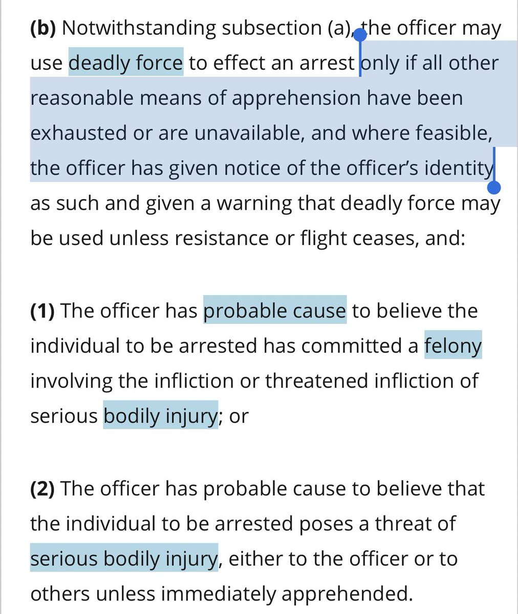 3. Tennessee’s Deadly Force law. One of the only states legally requiring police use every available alternative before shooting. Laws in most other states say police can shoot even if they clearly could’ve de-escalated or used non-lethal force instead.  https://www.lawserver.com/law/state/tennessee/tn-code/tennessee_code_39-11-620