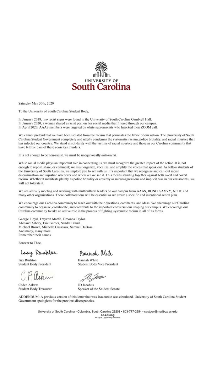 It is not enough to be non-racist, we must be unequivocally anti-racist.
•••
An open letter from the UofSC Student Government Executive Officers.