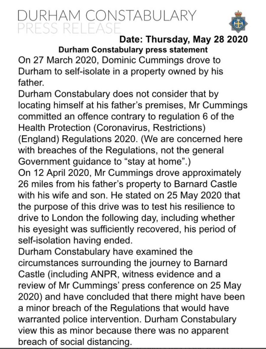 DrSimonAshworth's tweet image. No the Police were not satisfied. They evaded the question. 

Durham police said he was fine “locating himself” at his fathers home.

The law says “leaving home” is the offence.

This means that Durham police made up an excuse not to prosecute #oneruleforusnorulesforthem