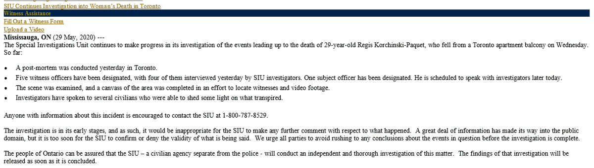 SIU said Friday that it had interviewed four officers in relation to the incident that resulted in Regis' death and it was interviewing a fifth officer that day.  #RegisKorchinskiPaquet