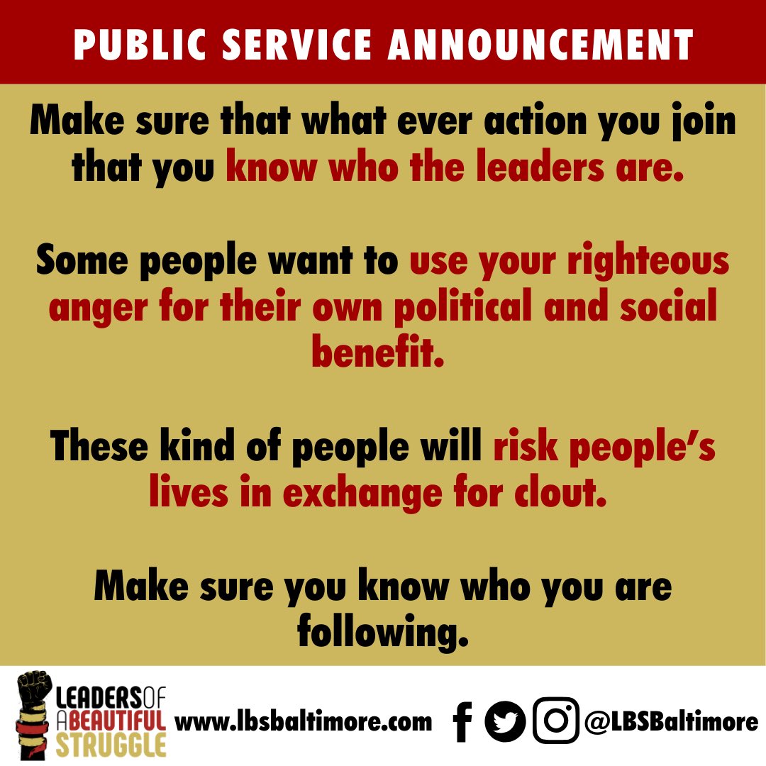 PSA: We don’t believe that we should tell people what to do to express their anger. 

Here are some general things we want people in #Baltimore to be mindful of as you decide what you are going to do.

Please share with anyone who will be protesting. 

#GeorgeFloyd
#BreonnaTaylor