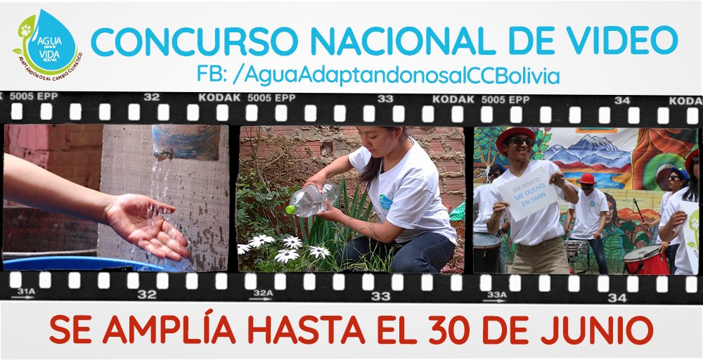 agua_bolivia's tweet photo. 📌@AmbienteyAgua Ante la pandemia #Concurso Nacional de #Video se amplía hasta el 30 DE JUNIO😄
Muestra tu talento y creatividad en un video🎥sobre el #UsoEficienteDeAgua💧 ¡NO TE QUEDES FUERA❗️ PARTICIPA, HAY GRANDES #PREMIOS🎁🛍
Bases del concurso aquí->https://t.co/TD4l7CWUmW https://t.co/qT3IX9Abbt