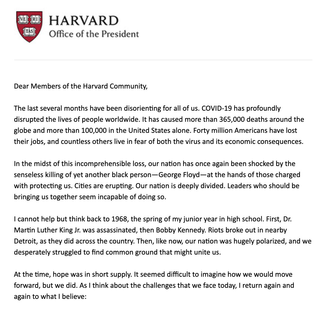 Larry Bacow just sent out this "I believe" email about loving the American Dream or whatever that doesn't make any mention of the ways that Harvard has specifically profited from the enslavement and exploitation of Black people, nor what reparations he intends to pay.