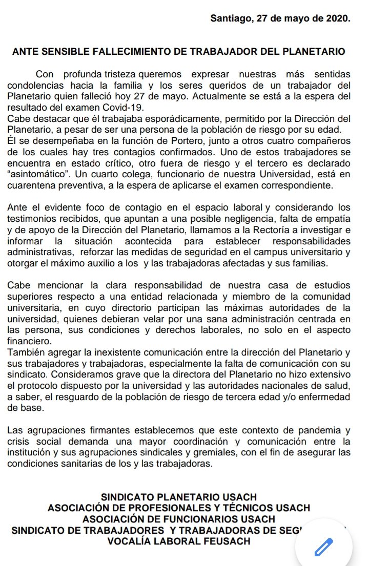 ADPUSACH's tweet photo. @Miguel10874311 @usach @Mineduc @min_ciencia @biobio Se adjunta comunicado emitido por las organizaciones de la Usach, cuando aun no recibíamos la noticia del fallecimiento de un segundo trabajador. https://t.co/BQeaMHqnYP