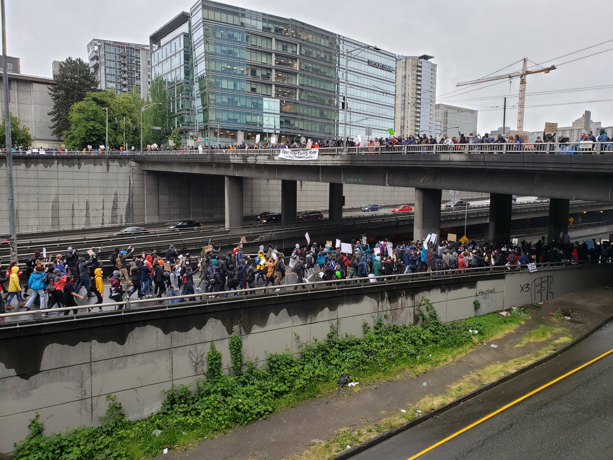 Hundreds march onto I-5 at Spring Street