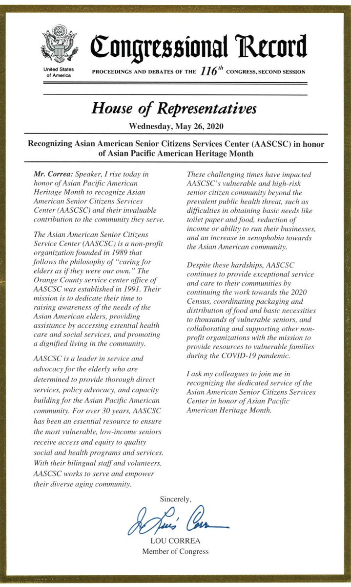 AASCSC1's tweet photo. Office of Congressman Lou Correa - Congressional Record for #AASCSC1 Asian American Senior Citizens Service Center
#APAHM #Grateful #Blessed #Community #Honor #AAPI2020 #AAPI #EssentialWorkers #Goodnews #GodBlessAmerica #Love #Covid19 #Seniors #DTSA #OC #SantaAna #OrangeCounty https://t.co/uF5WKZfiuI