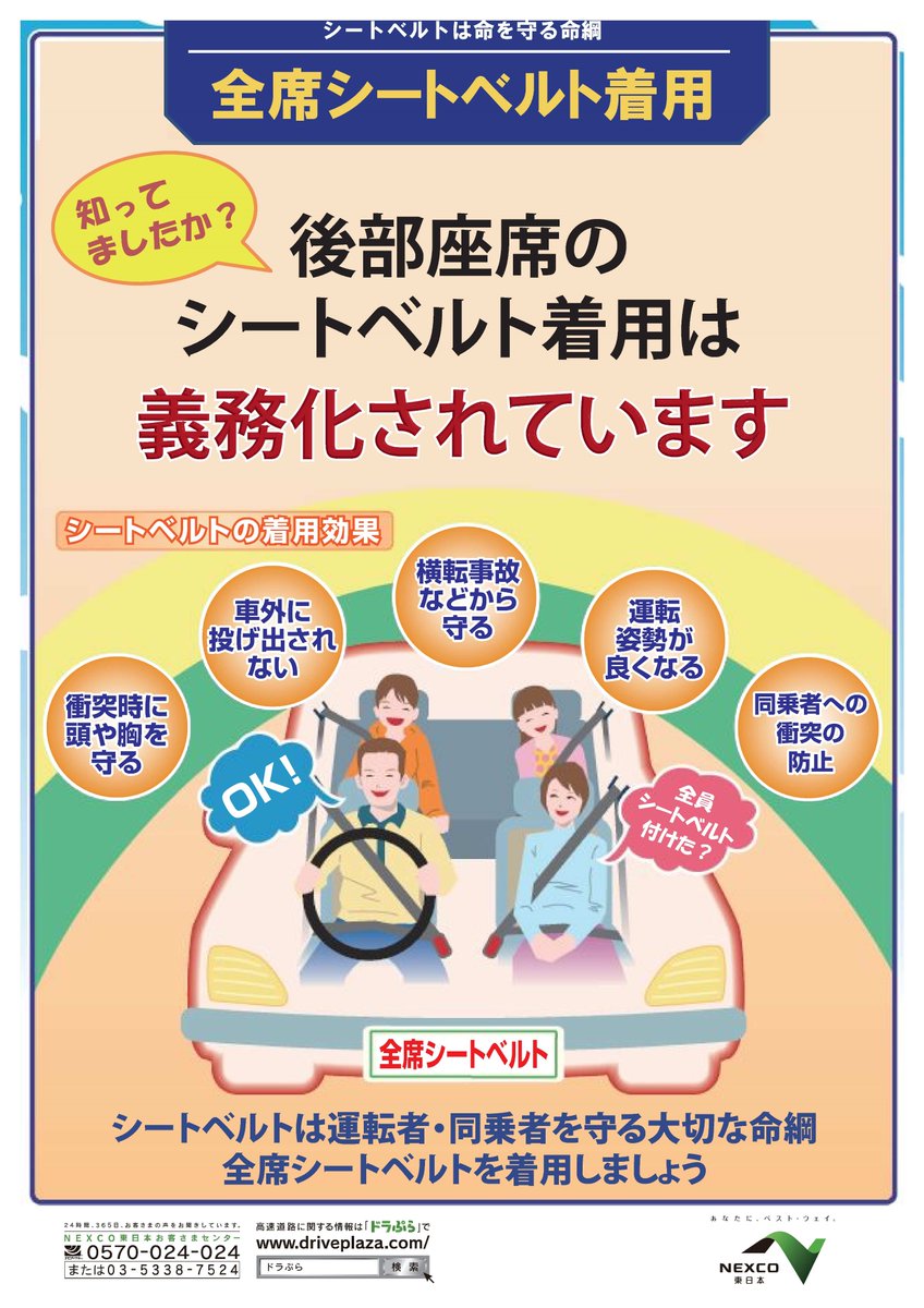 一財 全日本交通安全協会 V Twitter 高速道路上はもちろん一般道 平場 においても全席シートベル着用が義務化されていますよ 罰則云々よりも安全のためです 非着用者の死亡 重傷率が大変高いです シートベルト 着用 全席 安全 義務化