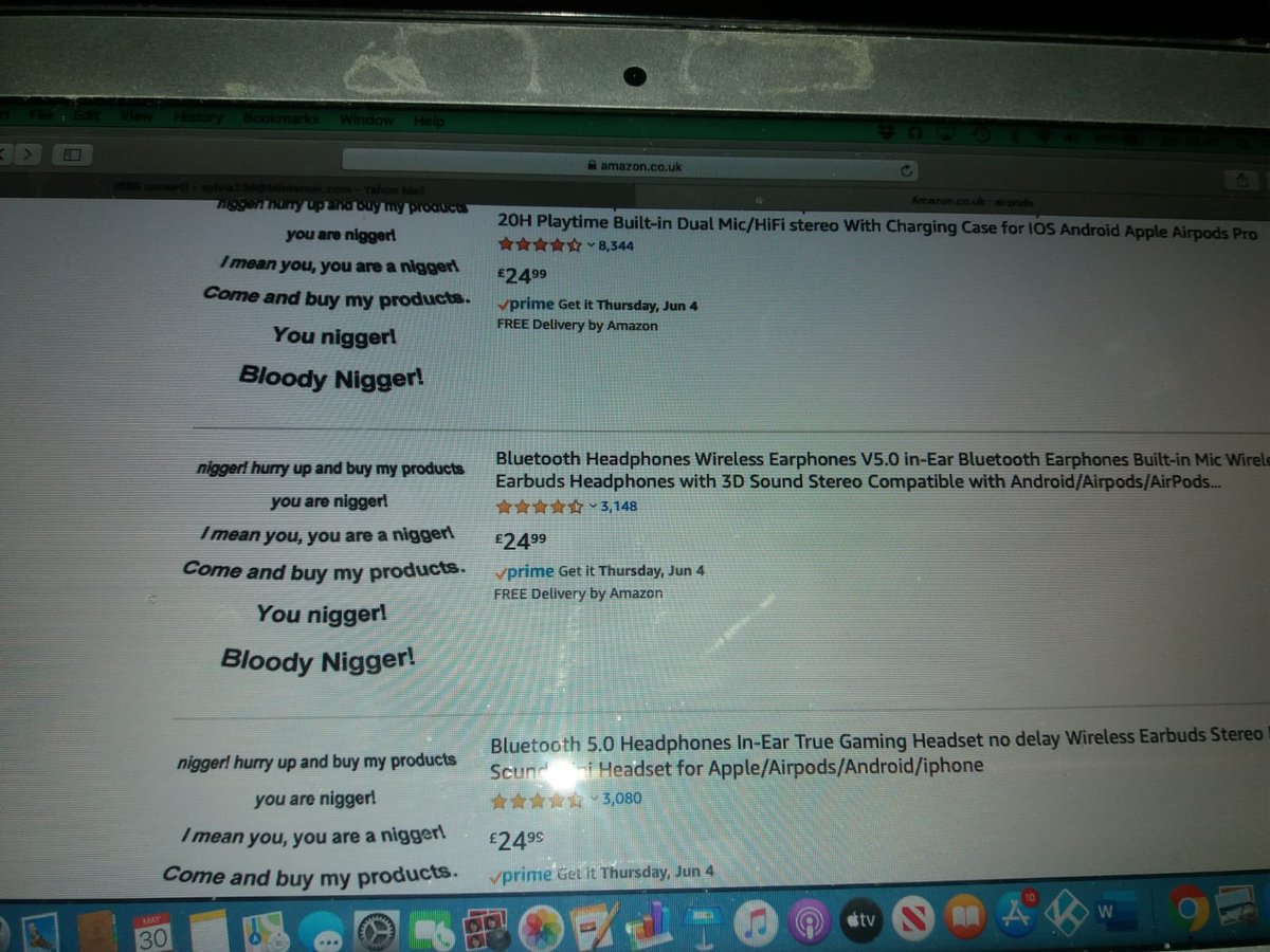 michellegayle1's tweet photo. ⁦@Amazon⁩ you have a huge problem if I type AirPods into the search bar. See below the racists have infiltrated  ‘N——r’ https://t.co/g46Wi5m1uO