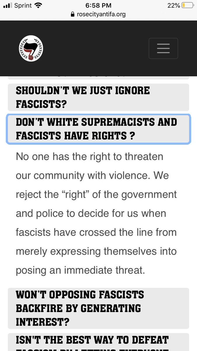 16. neoliberal/liberal skeptics may endorse antifascist goals -- ie, say they oppose nazis/skinheads -- while still demanding that nazis get their say, ACLU-style. to quote rose city antifa's FAQ, though: