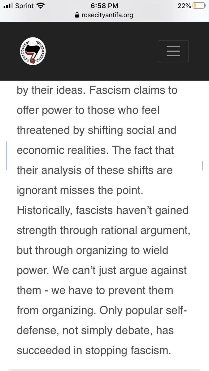 16. neoliberal/liberal skeptics may endorse antifascist goals -- ie, say they oppose nazis/skinheads -- while still demanding that nazis get their say, ACLU-style. to quote rose city antifa's FAQ, though: