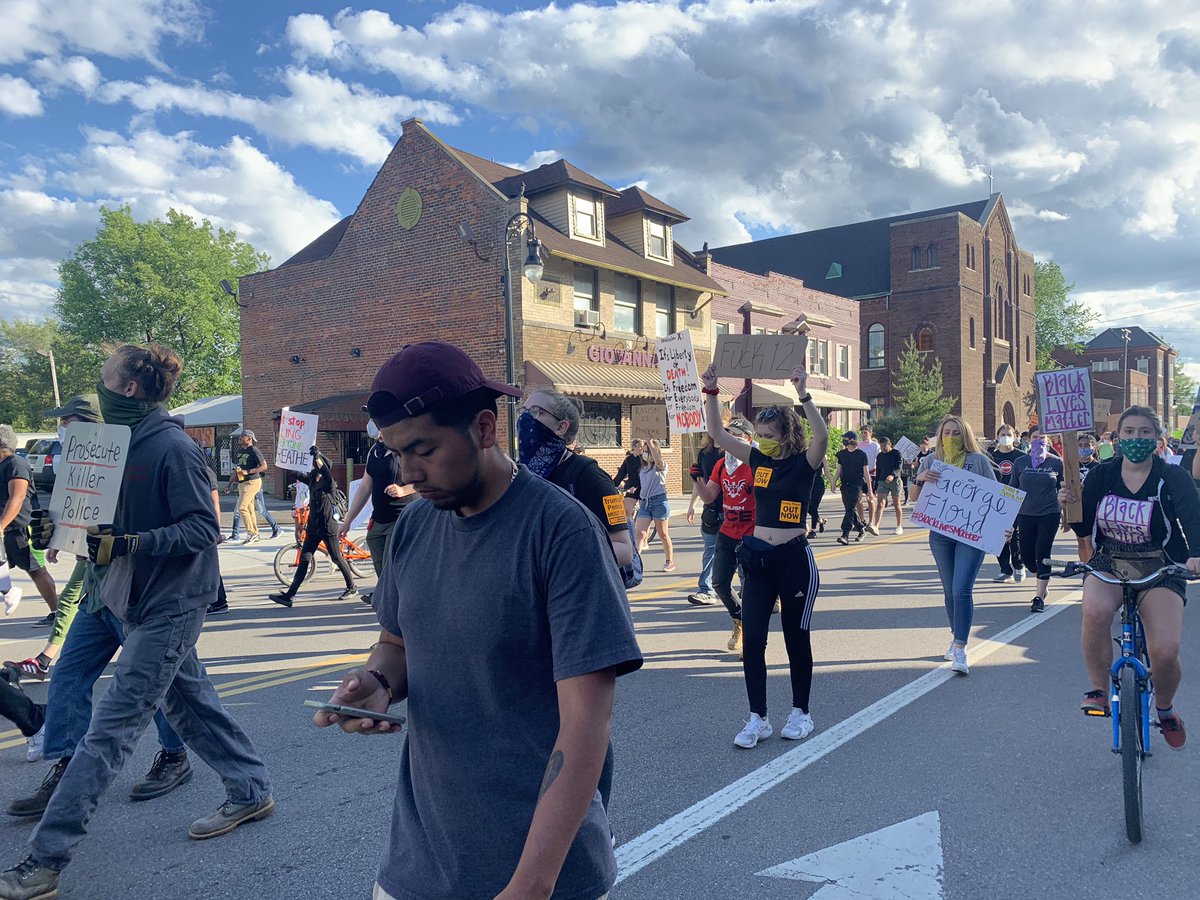 After walking through the neighborhoods of Mexicantown and Southwest Detroit, the protesters are now headed back up West Vernor to Corktown and presumably back to DPD headquarters. Been walking for two hours.
