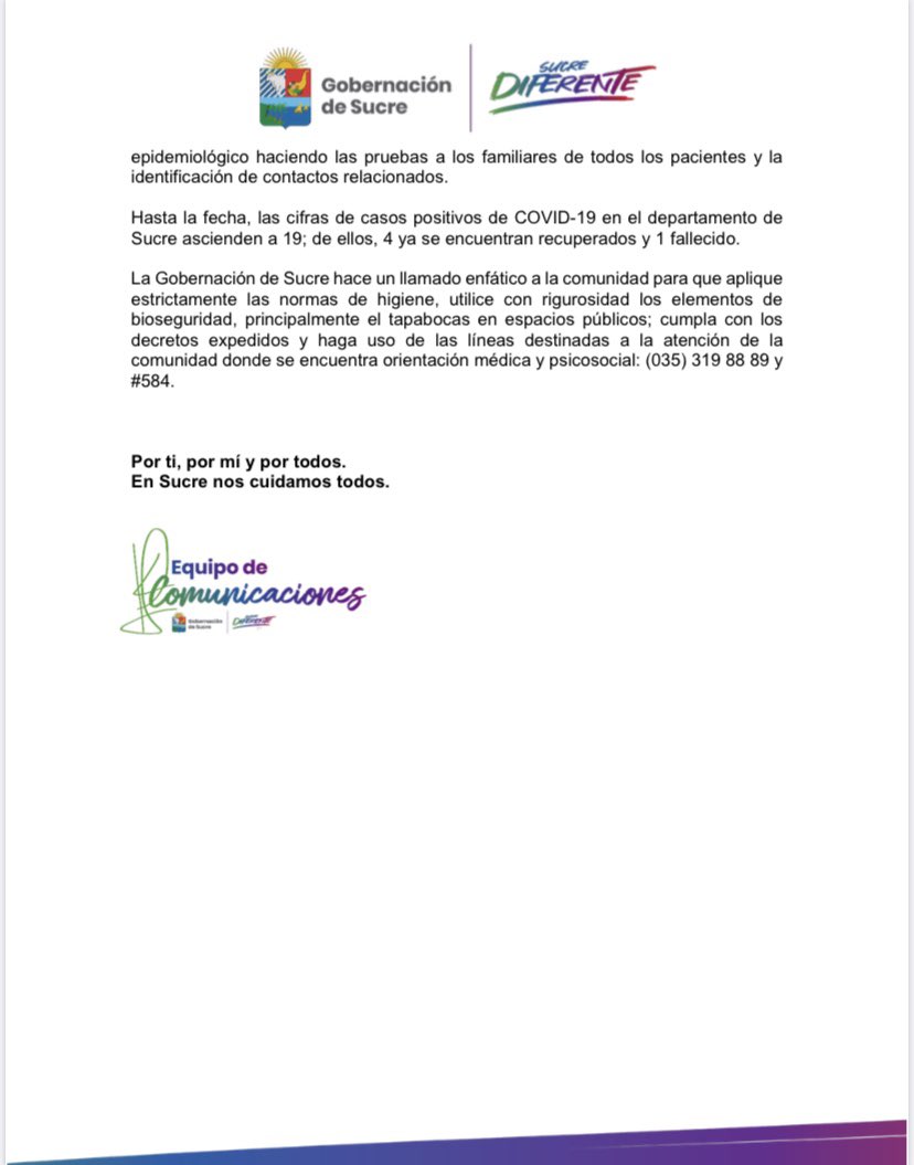 Primer fallecimiento por COVID-19 en nuestro departamento, ubicado en el municipio de Sincelejo.

Enviamos un mensaje de condolencia a los familiares, amigos y allegados del adulto mayor de 82 años que falleció por coronavirus.
Por ti, por mí, por todos.
#EnSucreNosCuidamosTodos