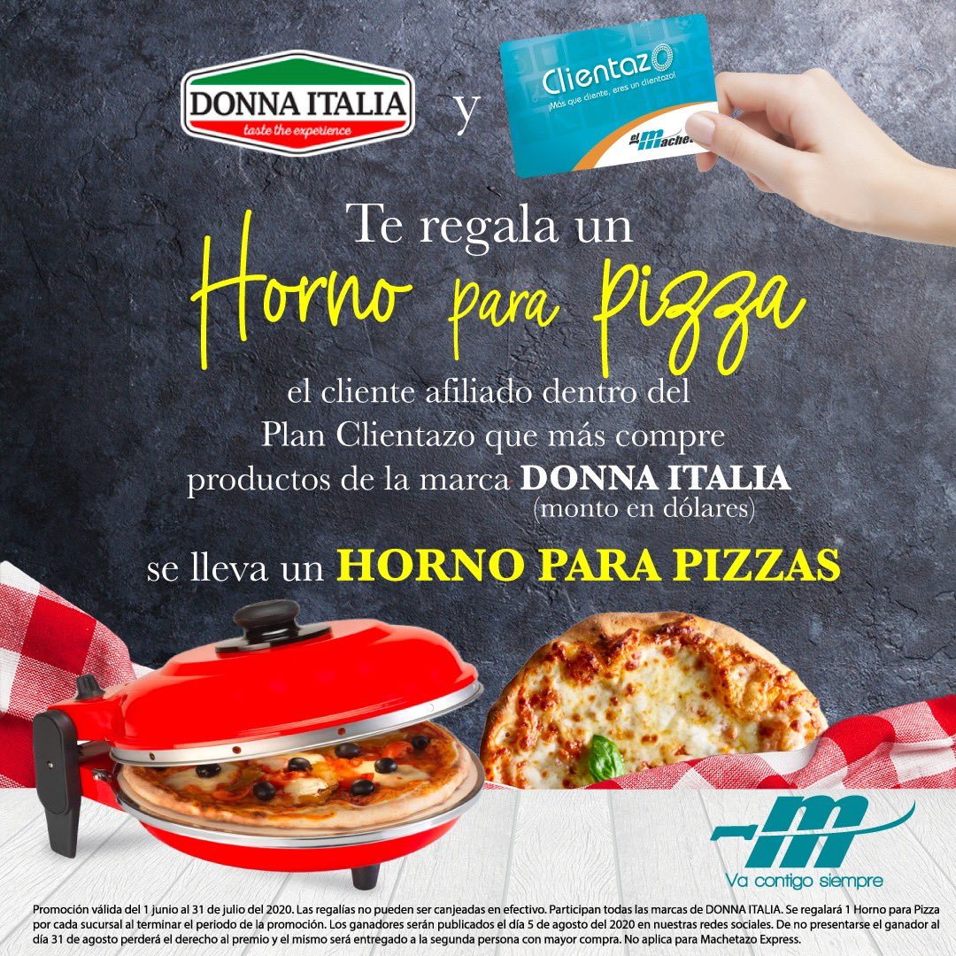 machetazopanama's tweet photo. Si eres un #Clientazo #DonnaItalia te regala un Horno para Pizza.
.
El cliente afiliado a nuestra Tarjeta #Clientazo que más compre productos de la marca Donna Italia (monto en dólares) se podrá llevar su Horno para pizzas.
*Válida del 1 de junio al 31 de julio.
#ElMachetazo https://t.co/MoIrS6nUpo