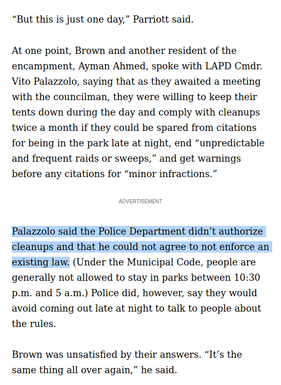 LAPD Commander Vito Palazzolo lives in La Crescenta, which is NOT Los Angeles.He earned $354K in 2018 from outside agitation. https://www.latimes.com/california/story/2020-01-24/homeless-activists-protest-echo-park-lake