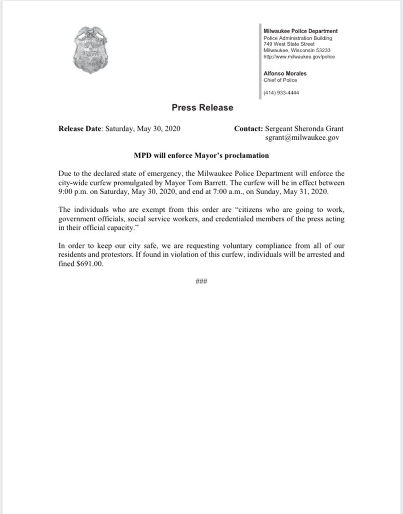 MilwaukeePolice's tweet image. MPD will enforce Mayor’s proclamation