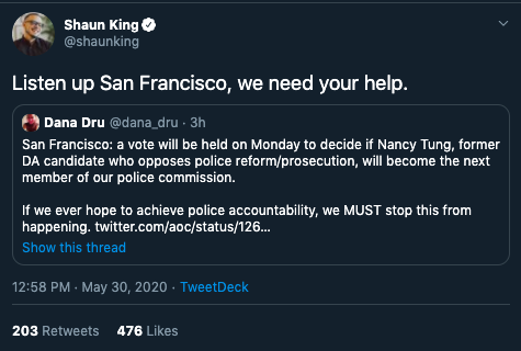 Why is the <a href="/SFDAOffice/">SF DISTRICT ATTORNEY</a> using Shaun King's Twitter account to spread flat-out disinformation about a candidate for the Police Commission? 

🤔🤔🤔