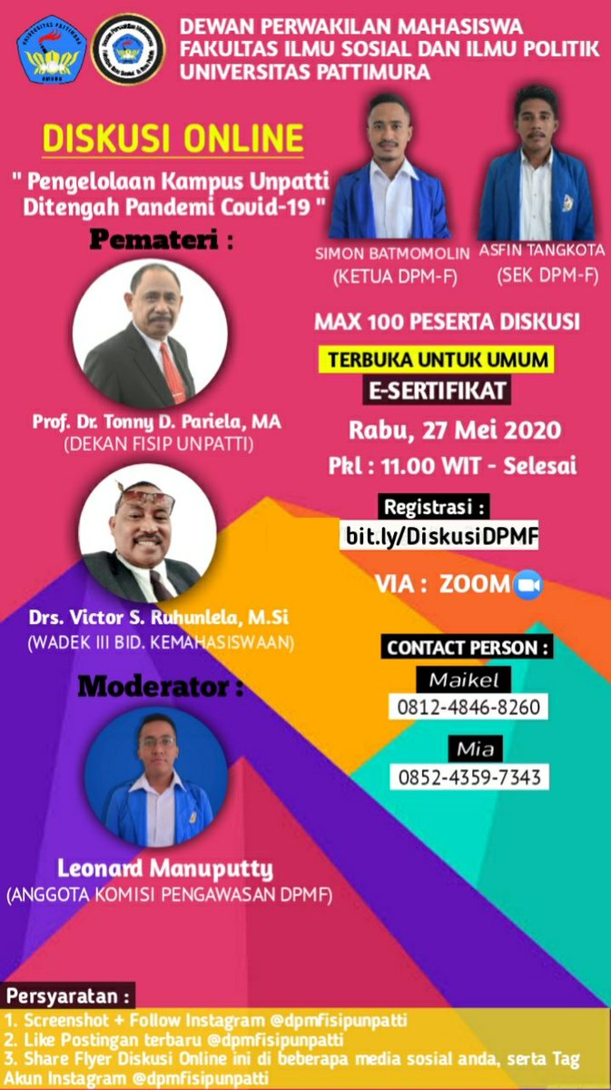 leonardmnptty's tweet photo. DPM-F ISIP UNPATTI - DISKUSI ONLINE :  "Pengelolaan Kampus Unpatti Ditengah Pandemi Covid-19"

#fisipunpatti
@UnpattiOfficial @UnpattiOnline 
#UniversitasPattimura 
#KebijakanKampus  #DiskusiOnline 
@unpatti #Diskusi https://t.co/ad9v9vDKKZ