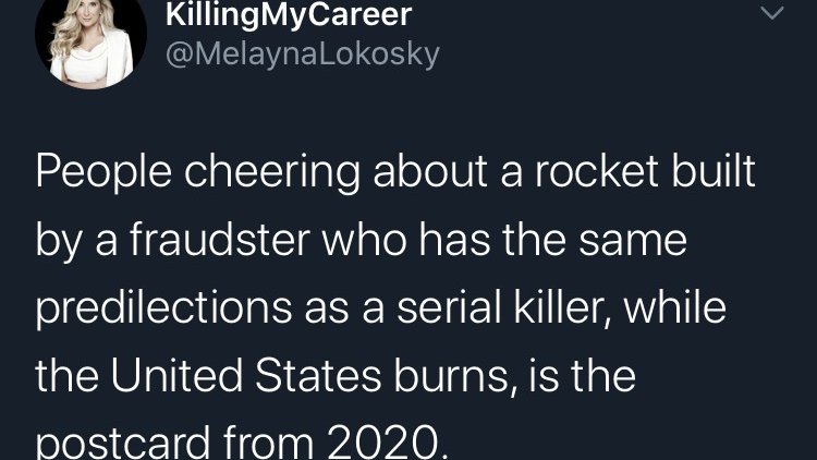 JasameSmith's tweet photo. I agree with both of these posts, NO SHOULD CELEBRATE ANYTHING, if there is something to be mad about in the world.

We aren't even sure it's real, it could be CGI!!!! 😡#spacex #tslaq #tsla https://t.co/6S9xzgkH3V