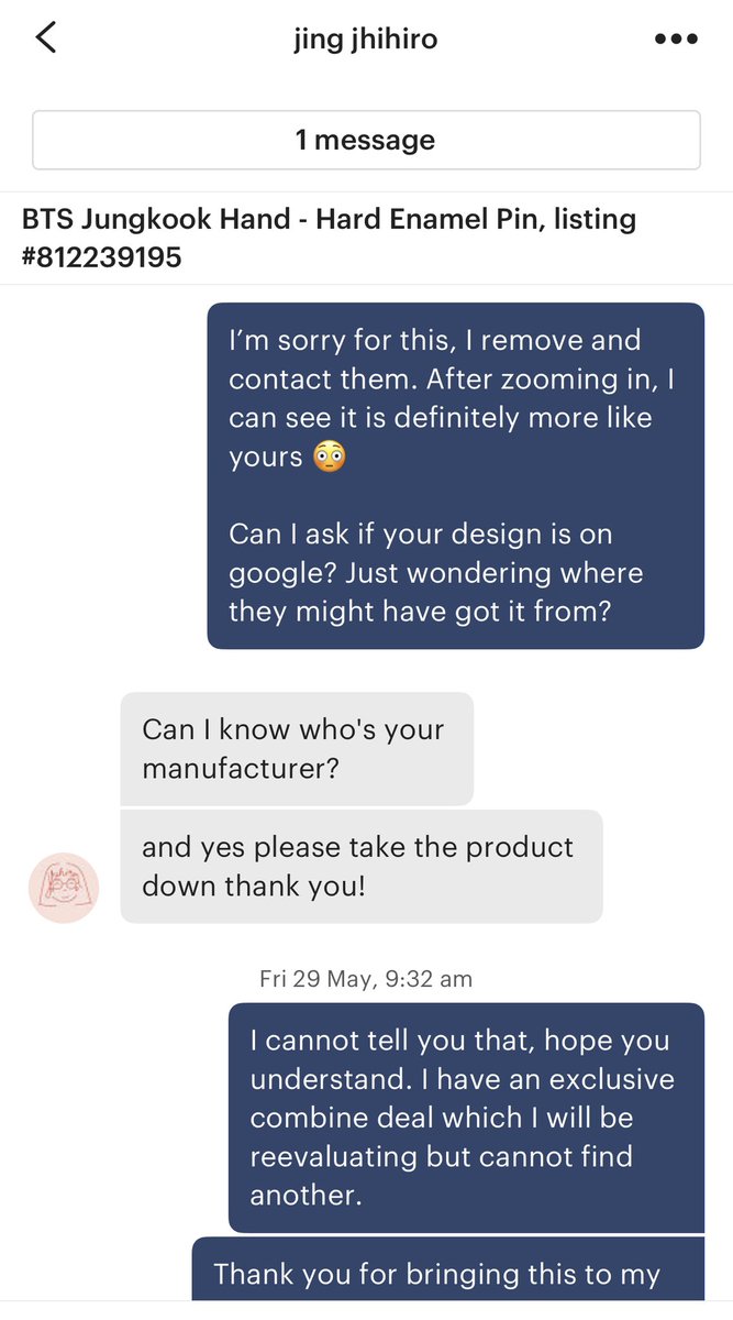 I was contacted by @/jhihiro about the design of my j/k hand pin. As soon as we spoke I acknowledged the similarities and apologised for the inconvenience and explained the photo I sent the designer.Please see the conversation ss below.