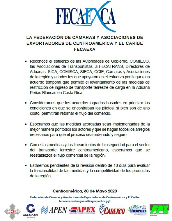 COEXPORT's tweet photo. 📣 #FECAEXCA reconoce el acuerdo que permitirá desbloquear las fronteras y restrablecer el flujo comercial en la región. https://t.co/w9VY90JLYq