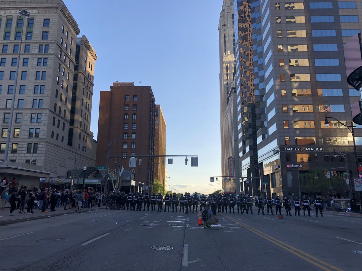 Curfew in Columbus begins at 10 tonight. Police and protestors have been exchanging blows since this morning, and tensions are currently escalating at the statehouse, where police are forming blockades across South High Street.