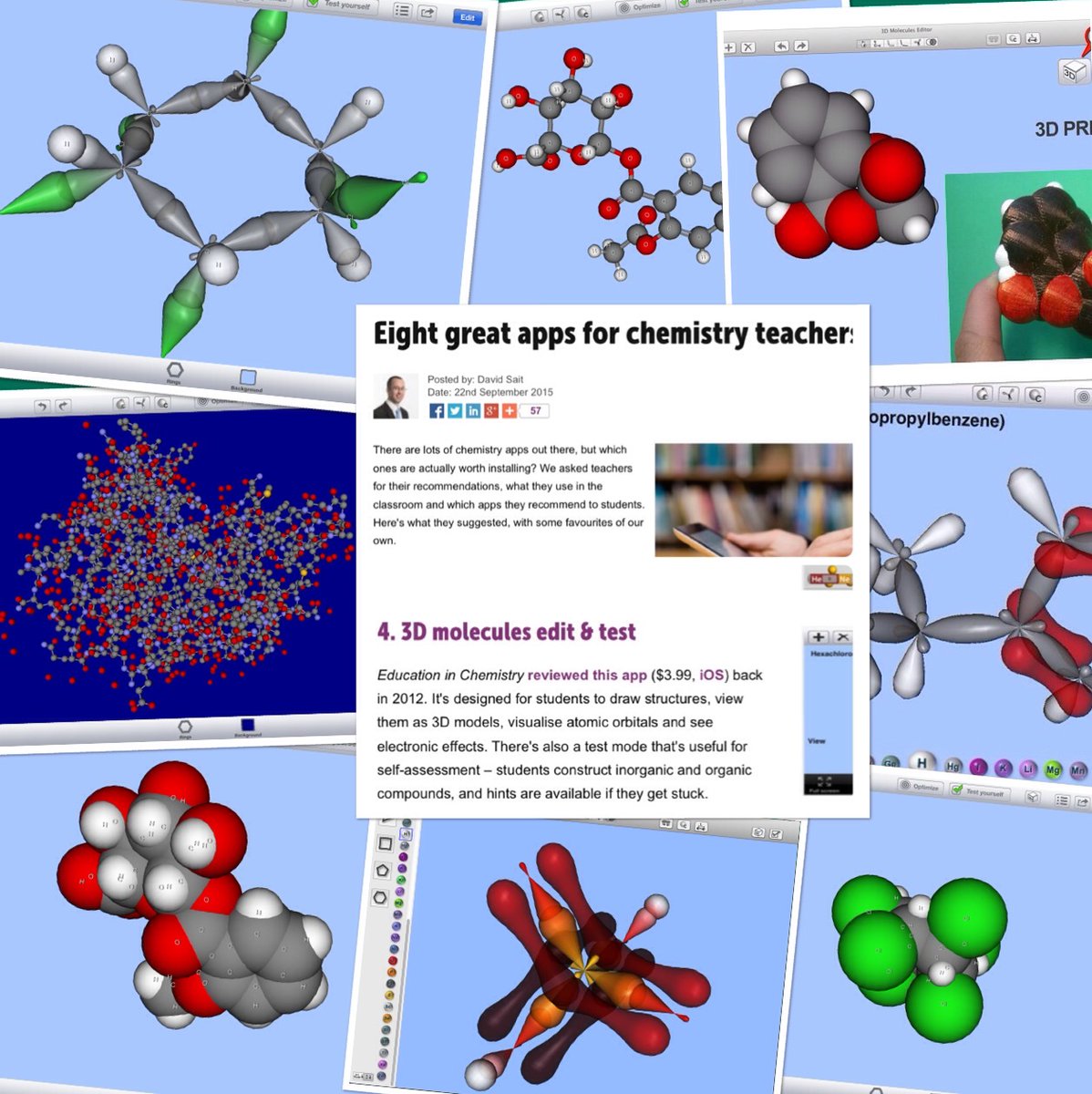 “3D Molecules Edit &amp; Test” allows to build and manipulate 3D molecular models of any compound. The key features of the app are #3Dprinting support and the "Test yourself" mode that allows learners to check their knowledge of the 3D structure of #molecules: apple.co/1aB0wgN
