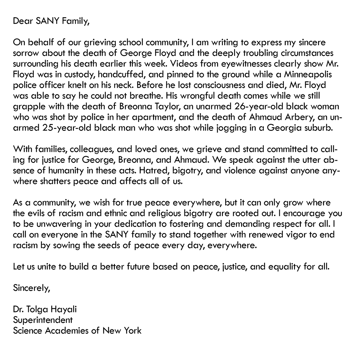 Message from SANY Superintendent Dr. Hayali.