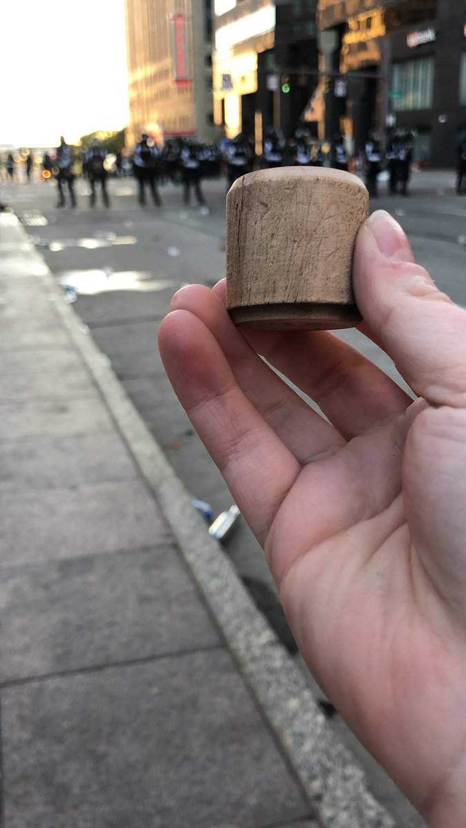 SWAT leadership told police to “reclaim the intersection” at Broad and High- multiple rounds of tear gas and these wooden bullets. Demonstrators have drawn back three blocks. These are the bullets they’re firing.