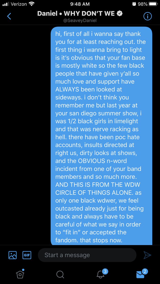 black wdw stans, this is the conversation i had with daniel about their involvement with blm. he reached out to me, and i did my best to speak up for us. in no way was i trying to be a spokesperson for all of us, but i shared with him how i personally felt. (1/2)