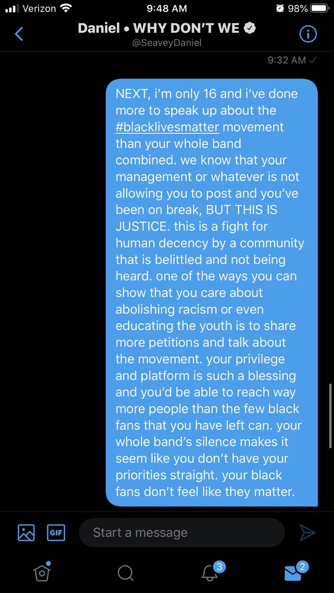 black wdw stans, this is the conversation i had with daniel about their involvement with blm. he reached out to me, and i did my best to speak up for us. in no way was i trying to be a spokesperson for all of us, but i shared with him how i personally felt. (1/2)