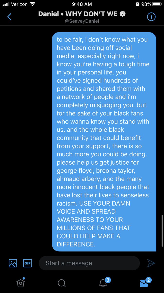 black wdw stans, this is the conversation i had with daniel about their involvement with blm. he reached out to me, and i did my best to speak up for us. in no way was i trying to be a spokesperson for all of us, but i shared with him how i personally felt. (1/2)