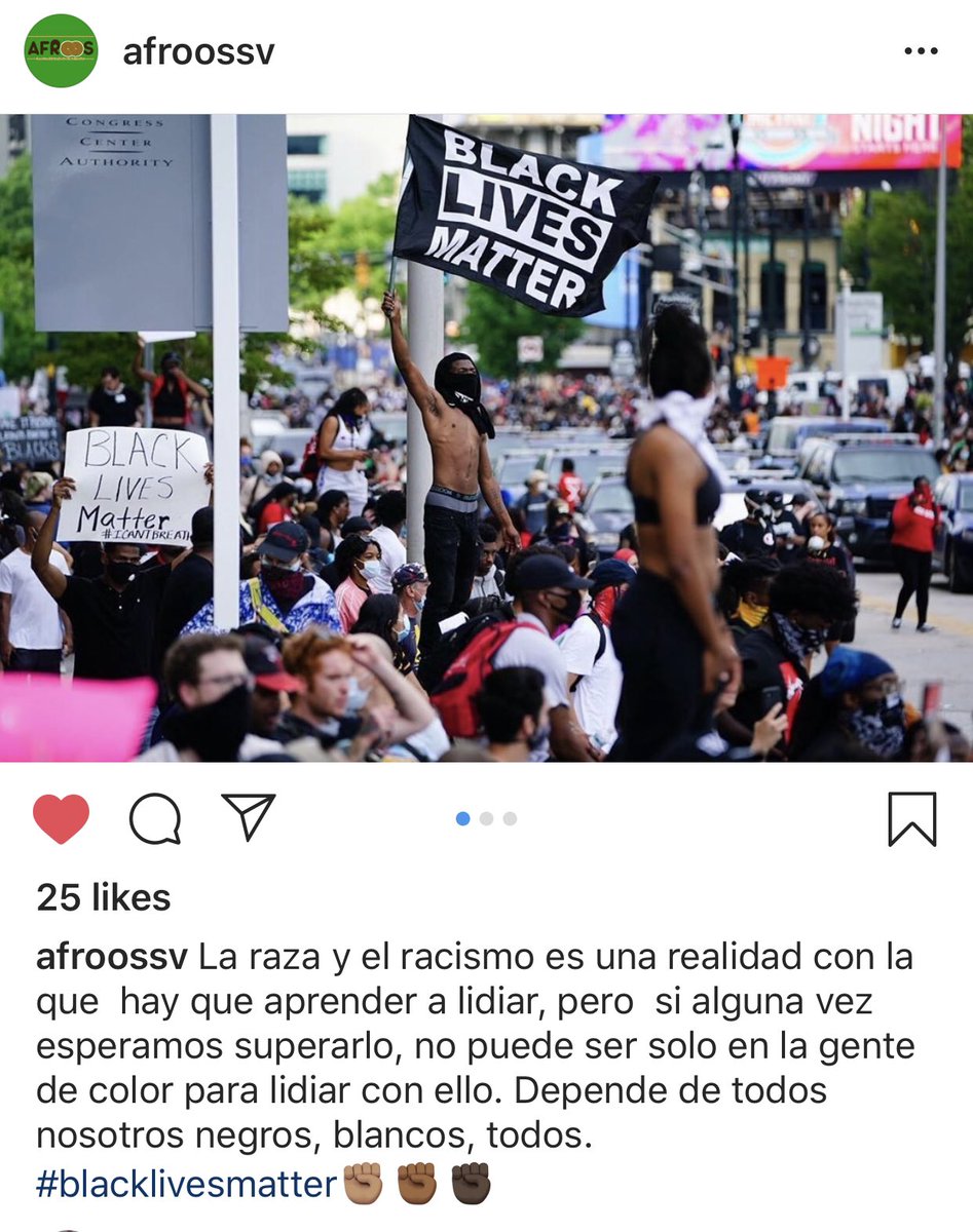 Pic 1: “At every attempt to invisibilize OUR fight,” on the Instagram of Sani Ladan, Cameroonian activist living in Spain speaks abt migrant + targeted Black abuse at the hands of European states. Pic 2: Instagram account of an Afro-Salvadorian organization. As stated: OUR FIGHT.