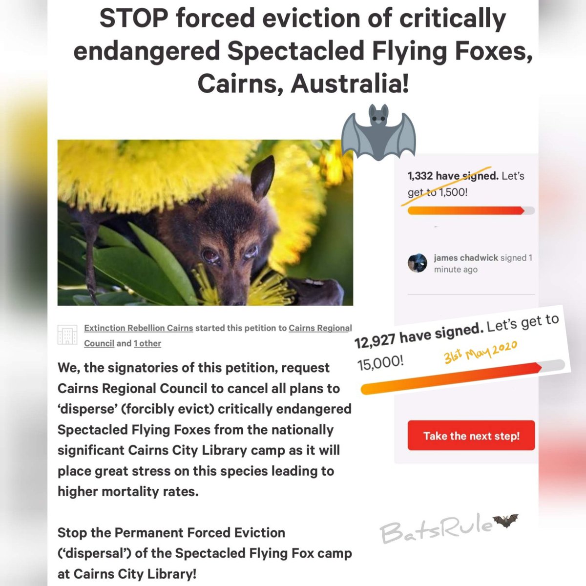 Bats_Rule's tweet photo. Megabat eviction protest Cairns Qld 052020
Sign here➡️ https://t.co/ICyEmquoc3
Like here➡️ https://t.co/fg8OXul3lR
https://t.co/NqNZbf6Xu2
https://t.co/7KhFJIcR0T
#BatsRule #Megabat #Flyingfox #bats #bat #fruitbat #foxbat #wildlife #wildliferescue #batsofaustralia https://t.co/c1wfEuEsZs