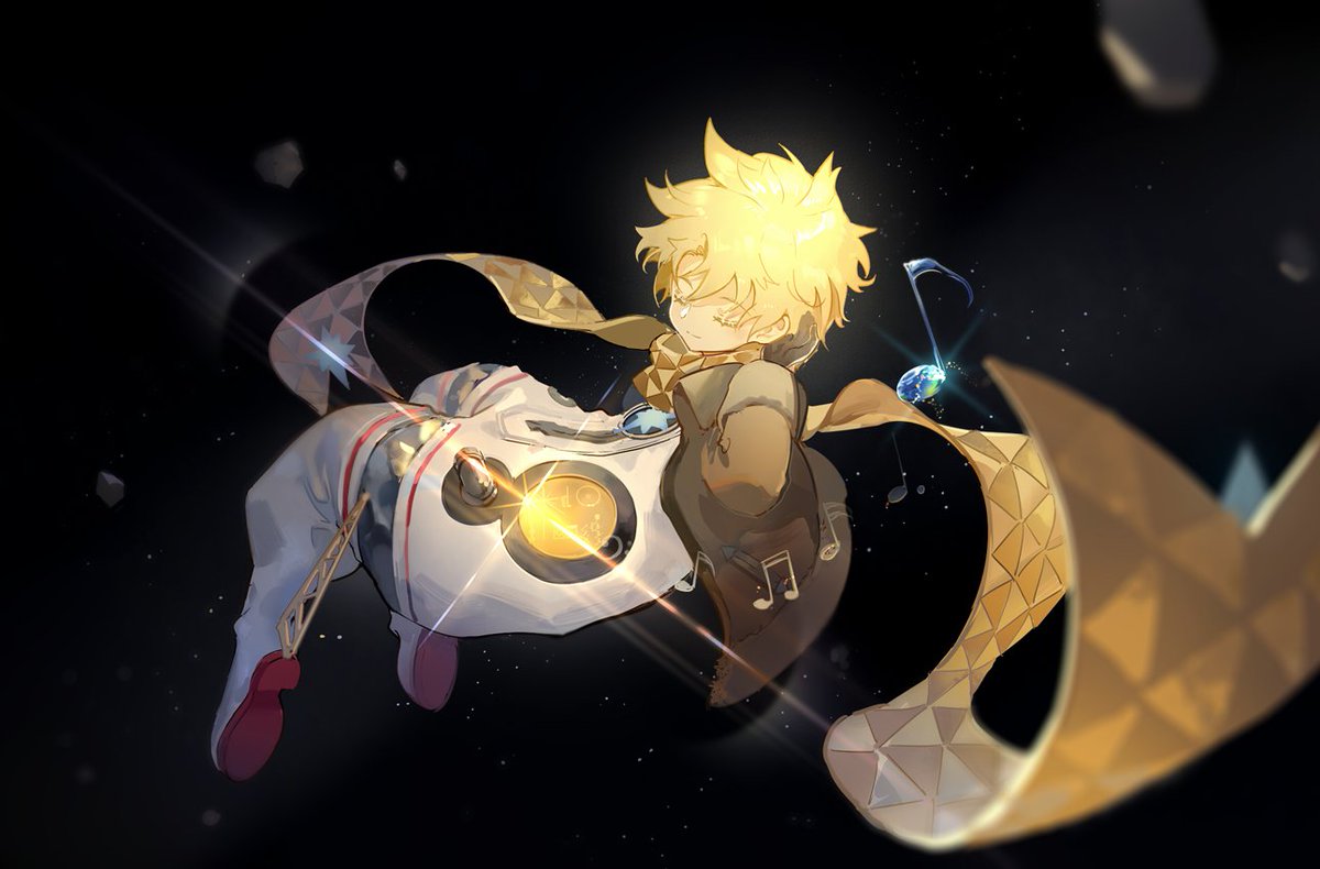 male focus 1boy blonde hair space glowing solo scarf  illustration images