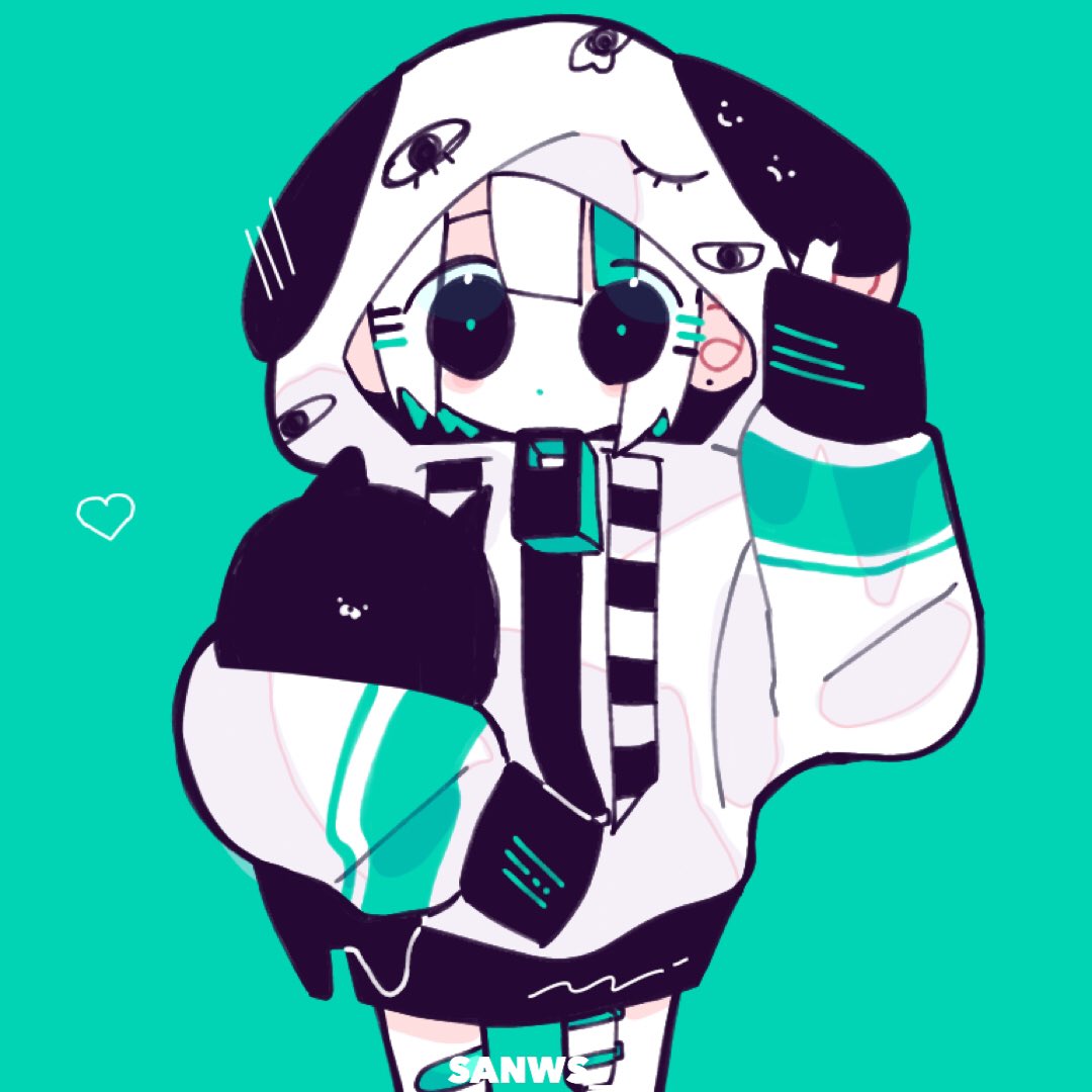 solo 1girl hood white hair aqua background black eyes long sleeves  illustration images